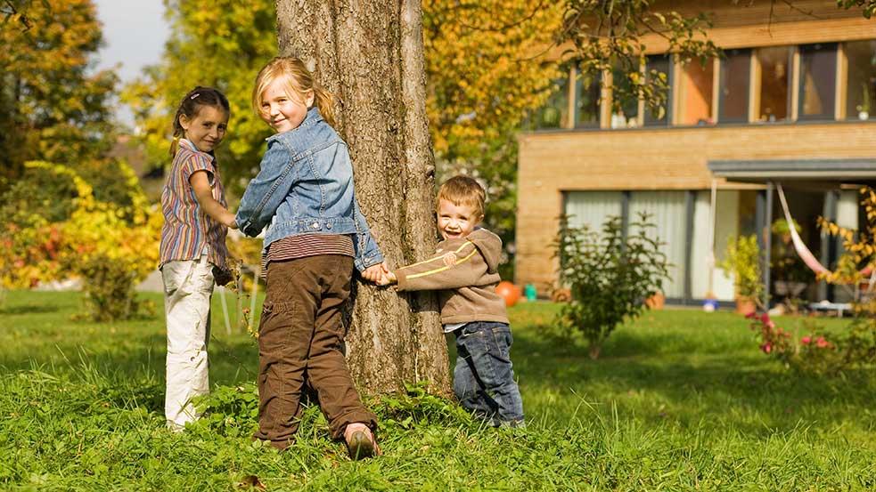 Kinder spielen um einen Baum herum